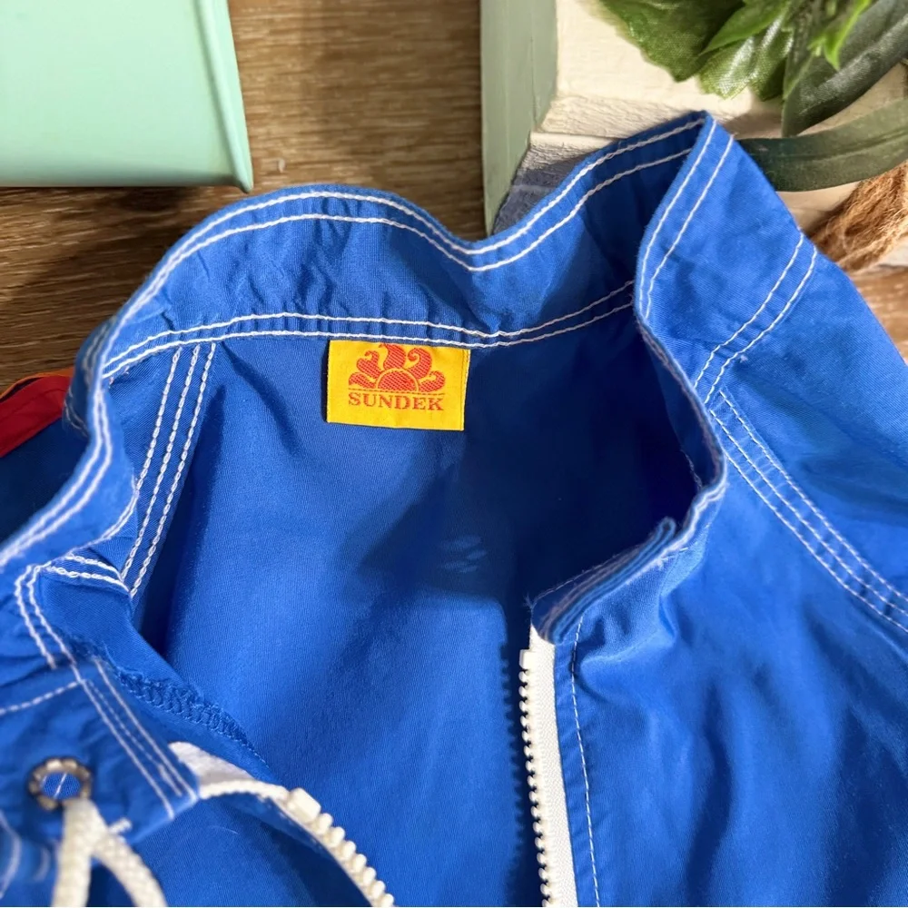 Deadstock Vintage Mens Sundek jacket Windbreaker Zip Surf Swim Blue Rainbow